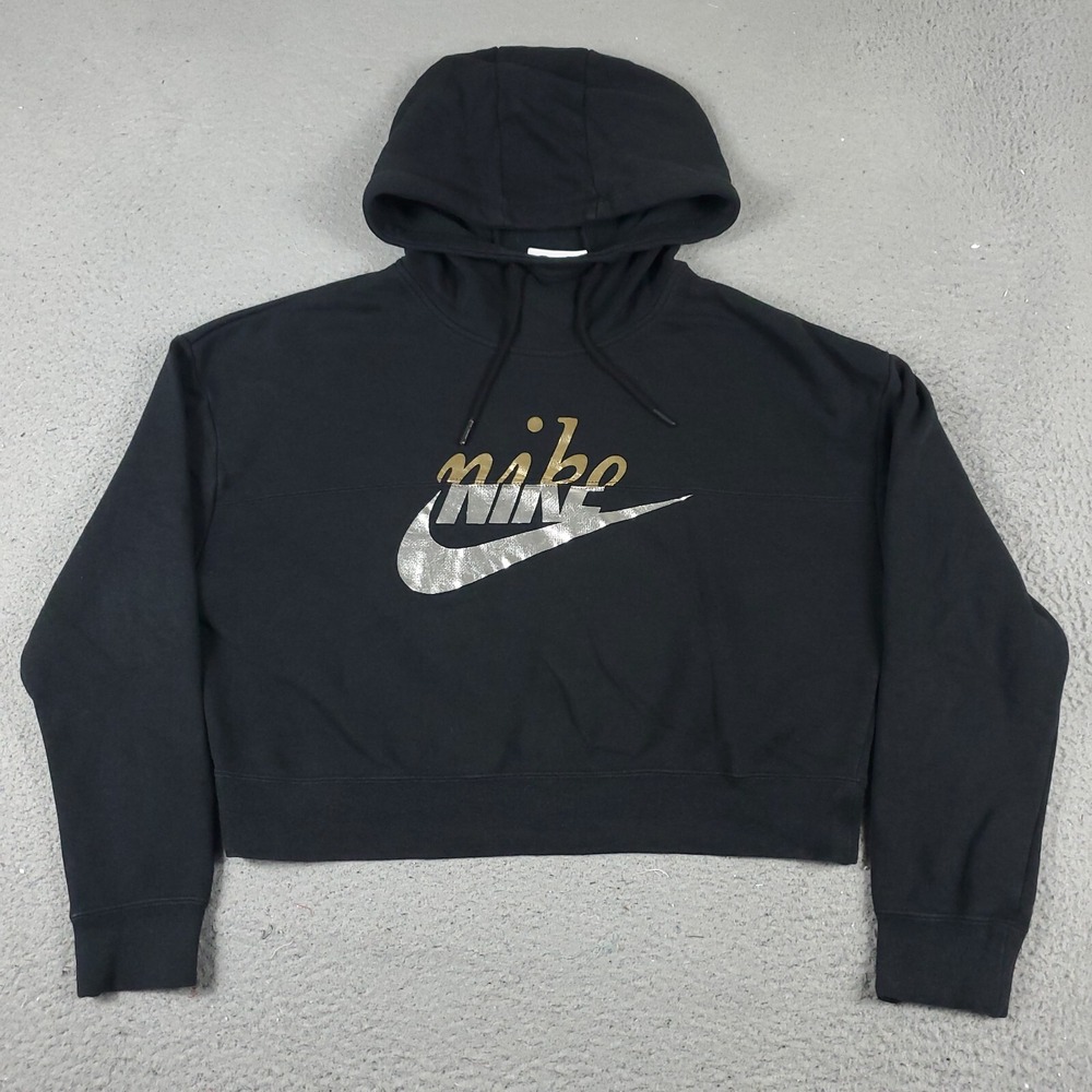 Nike Womens Small Black Crop Top Pullover Hoodie Sweatshirt Metallic Logo